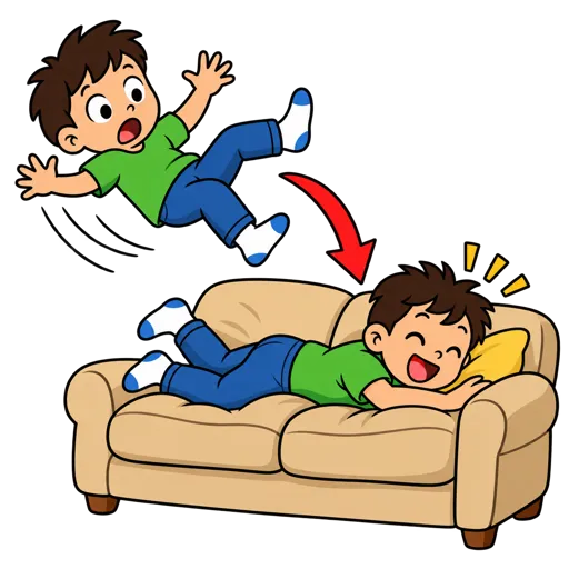 A child falling onto a sofa